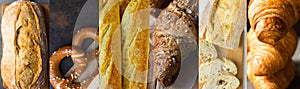 Long high resolution banner for bakeries pastry shops. Variety assortment of different kinds of bread baked goods baguettes