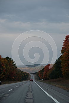 Long highway passing through a beautiful colorful forest during fall season