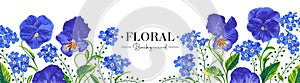 Long horizontal background, banner, card template, frame with vector flowers