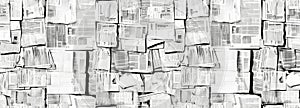 Long horizontal banner with lots of old newspapers on horizontal surface. Background texture. Concept for news and