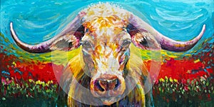 Long horn cow acrylic painting