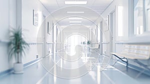 Long hospital bright corridor with rooms
