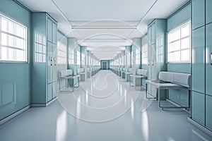 Long hospital bright corridor with rooms and blue seats 3D rendering