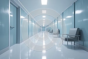 Long hospital bright corridor with rooms and blue seats 3D rendering