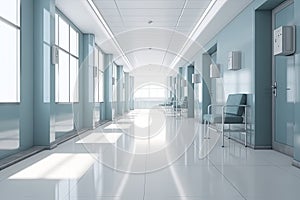 Long hospital bright corridor with rooms and blue seats 3D rendering