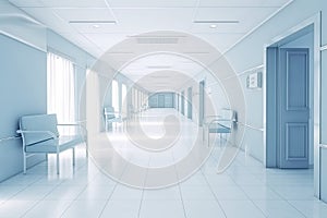 Long hospital bright corridor with rooms and blue seats 3D rendering