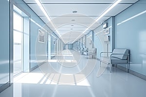 Long hospital bright corridor with rooms and blue seats 3D rendering