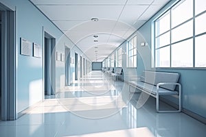 Long hospital bright corridor with rooms and blue seats 3D rendering