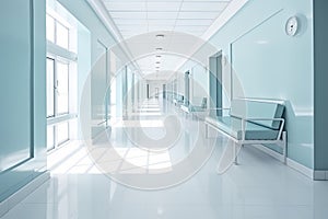 Long hospital bright corridor with rooms and blue seats 3D rendering