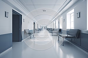 Long hospital bright corridor with rooms and blue seats 3D rendering