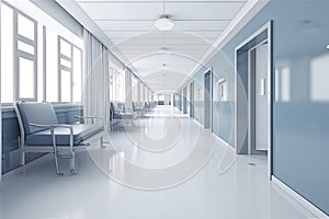 Long hospital bright corridor with rooms and blue seats 3D rendering