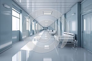 Long hospital bright corridor with rooms and blue seats 3D rendering