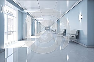 Long hospital bright corridor with rooms and blue seats 3D rendering