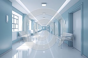 Long hospital bright corridor with rooms and blue seats 3D rendering