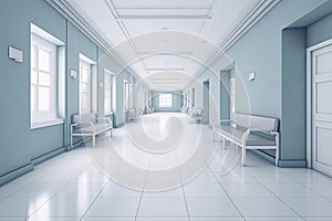 Long hospital bright corridor with rooms and blue seats 3D rendering