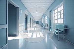 Long hospital bright corridor with rooms and blue seats 3D rendering