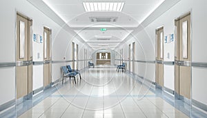 Long hospital bright corridor with rooms and seats 3D rendering