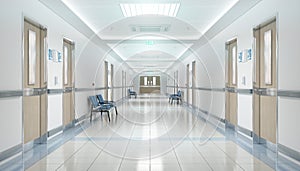 Long hospital bright corridor with rooms and seats 3D rendering