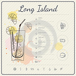 Long island iced tea. Cocktail infographic set. Vector illustration. Colorful watercolor background