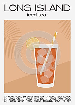 Long Island Iced Tea Cocktail with lime slices. Classic alcoholic beverage recipe. Summer aperitif poster. Minimalist