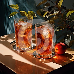 Long Island iced tea cocktail with strong drinks, cola, lime, and ice in a glass, cold long drink, or lemonade. Generative Ai