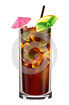 Long island iced tea cocktail in tall glass with ice