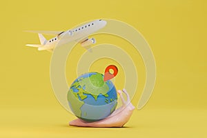 long journey by plane. a snail carrying a planet with a jps point and a flying plane on a yellow background. 3D render