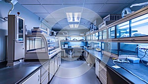 Long laboratory hallway in a building with equipment and shelving