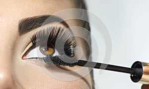 Long lashes closeup. Beautiful woman applying mascara on her eyes