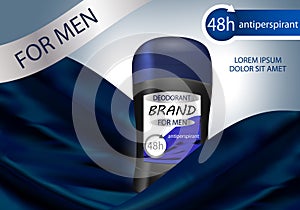 Long-lasting deodorant antiperspirant for men in black package. Vector