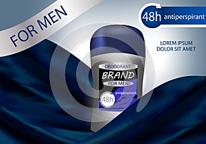 Long-lasting deodorant antiperspirant for men in grey packaging. Vector