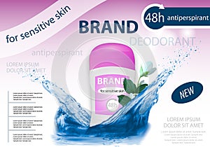 Long-lasting deodorant antiperspirant for woman with flowers jasmine and water splash. Package design or poster, advertising. 3d