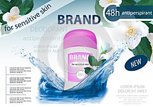 Long-lasting deodorant antiperspirant for woman with water splash and flowers jasmine. Package design or poster, advertising. 3d