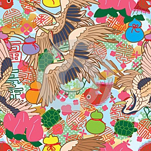 Long life cute theme chinese japan seamless pattern