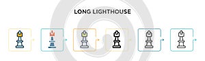Long lighthouse vector icon in 6 different modern styles. Black, two colored long lighthouse icons designed in filled, outline,