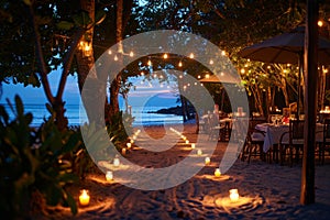 A long line of candles illuminate a beach, creating a captivating sight, A candlelit pathway leading to a beautifully decorated