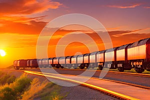 A long line of freight cars, their wheels clacking against the rails as they travel through a golden sunset generated by Ai