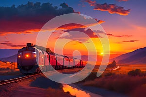 A long line of freight cars, their wheels clacking against the rails as they travel through a golden sunset generated by Ai