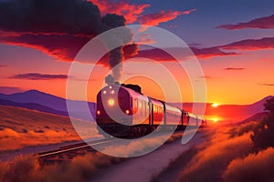 A long line of freight cars, their wheels clacking against the rails as they travel through a golden sunset generated by Ai