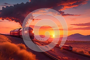 A long line of freight cars, their wheels clacking against the rails as they travel through a golden sunset generated by Ai