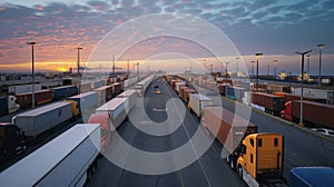 A long line of trucks waiting at a port highlighting the issue of congestion and lack of efficient loading and unloading