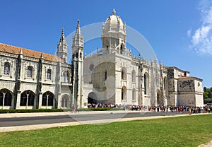 Long line up of visitors the Monastery of Jeronimos Lisbon Portugal