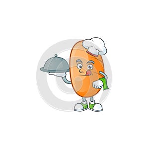 Long loaf cartoon character with chef holding food mascot