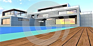 Long longitudinal boards of wooden flooring in the yard of a concrete house with a swimming pool. Sunlit clouds are reflected in