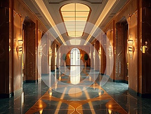 A long, luxurious hotel hallway with marble floors and walls, and a bright light at the end of the hall photo