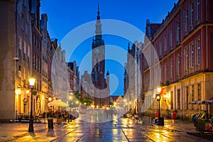 Long market and old town hall in Gdansk at dusk, Poland