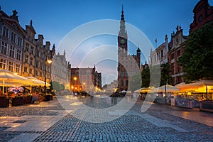 Long market and old town hall in Gdansk at dusk, Poland