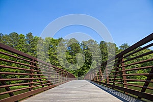 A long metal rust colored bridge over a lake surrounded by lush green trees and plants with blue sky at Cauble Park