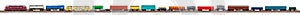 Long model railway freight train with colorful wagon isolated white wide panorama background.  railroad hobby transportation