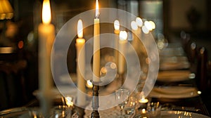 A long narrow dining table is lined with a row of elegant taper candles as the centerpiece creating a dramatic and photo